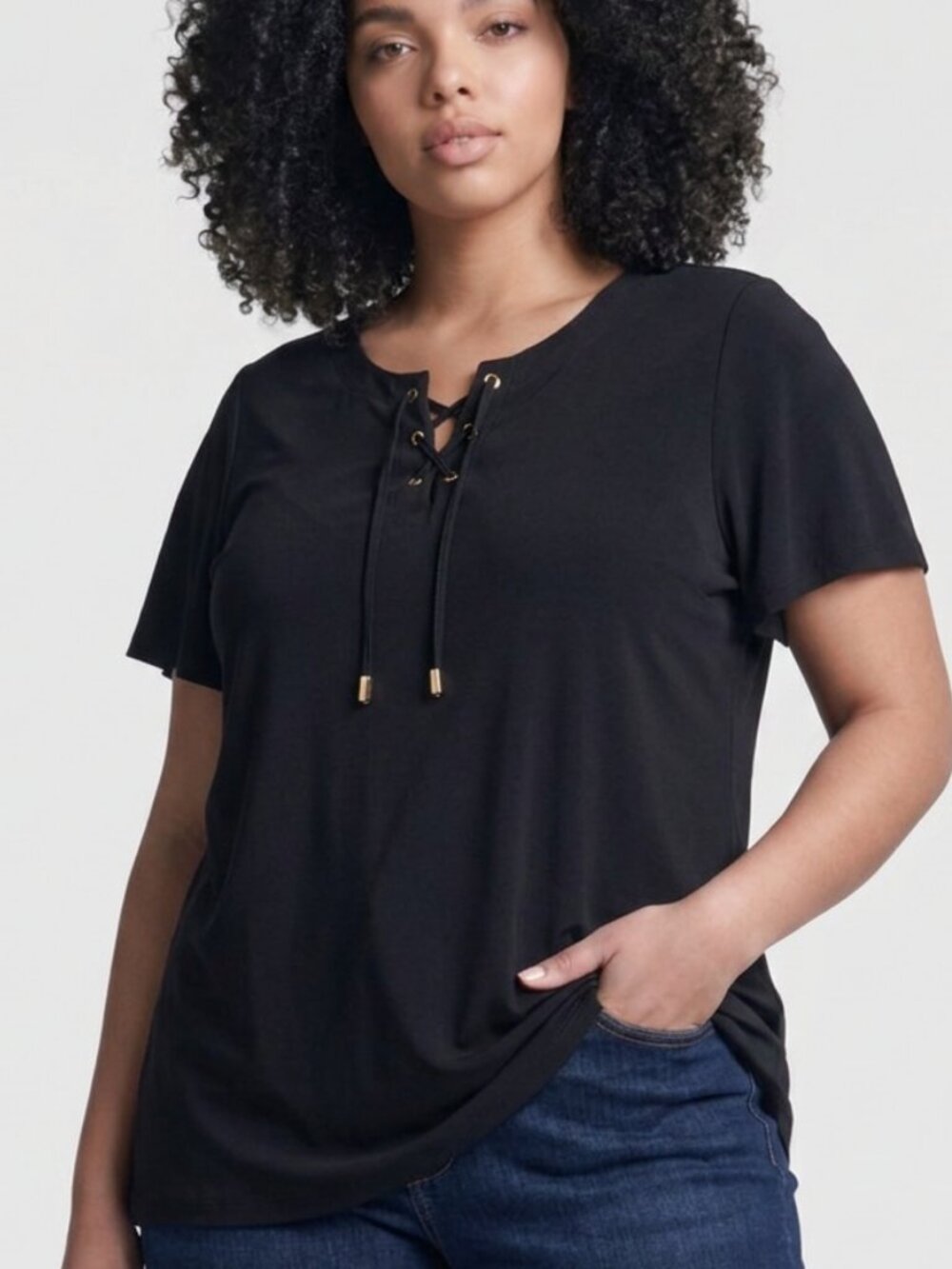 Liz Claiborne Career Women's XL Short-Flared-Sleeve Black Silky Tie-Up Top